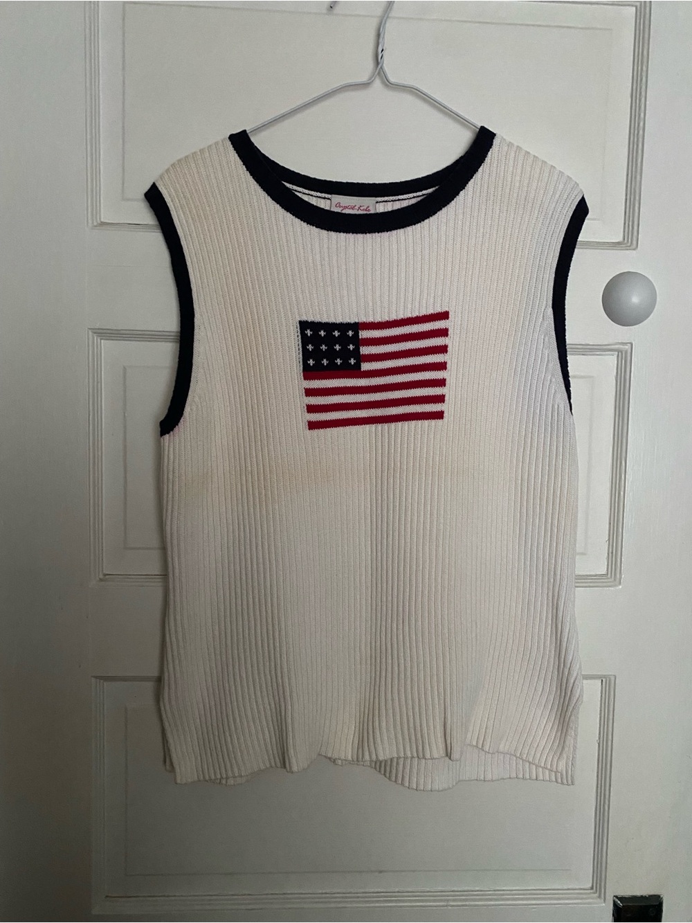 Cream Ribbed Sleeveless Knit Tank with Flag Motif - Picture 1 of 8